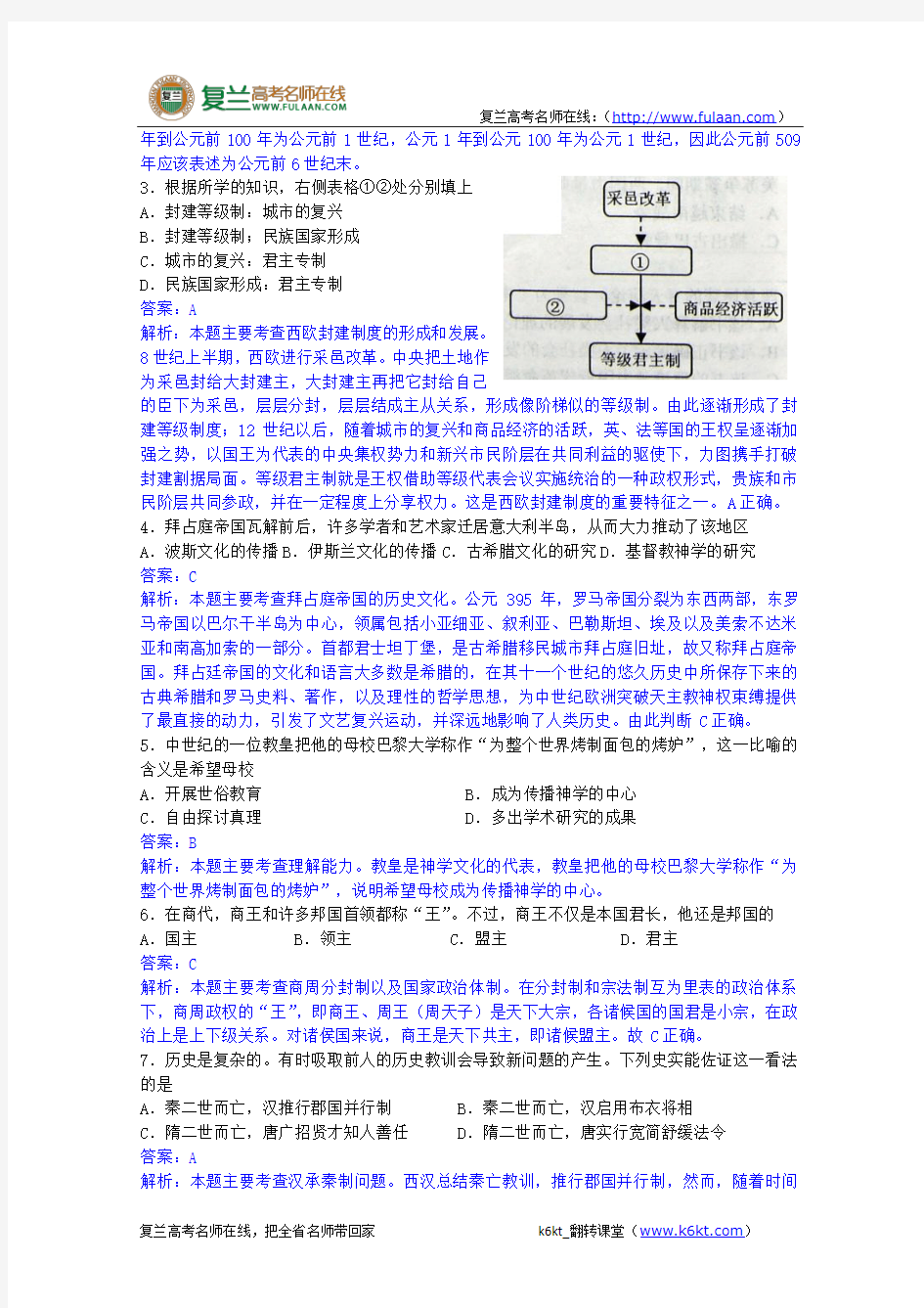 2011年高考试题——历史(上海卷)-复兰高考名师在线精编解析版