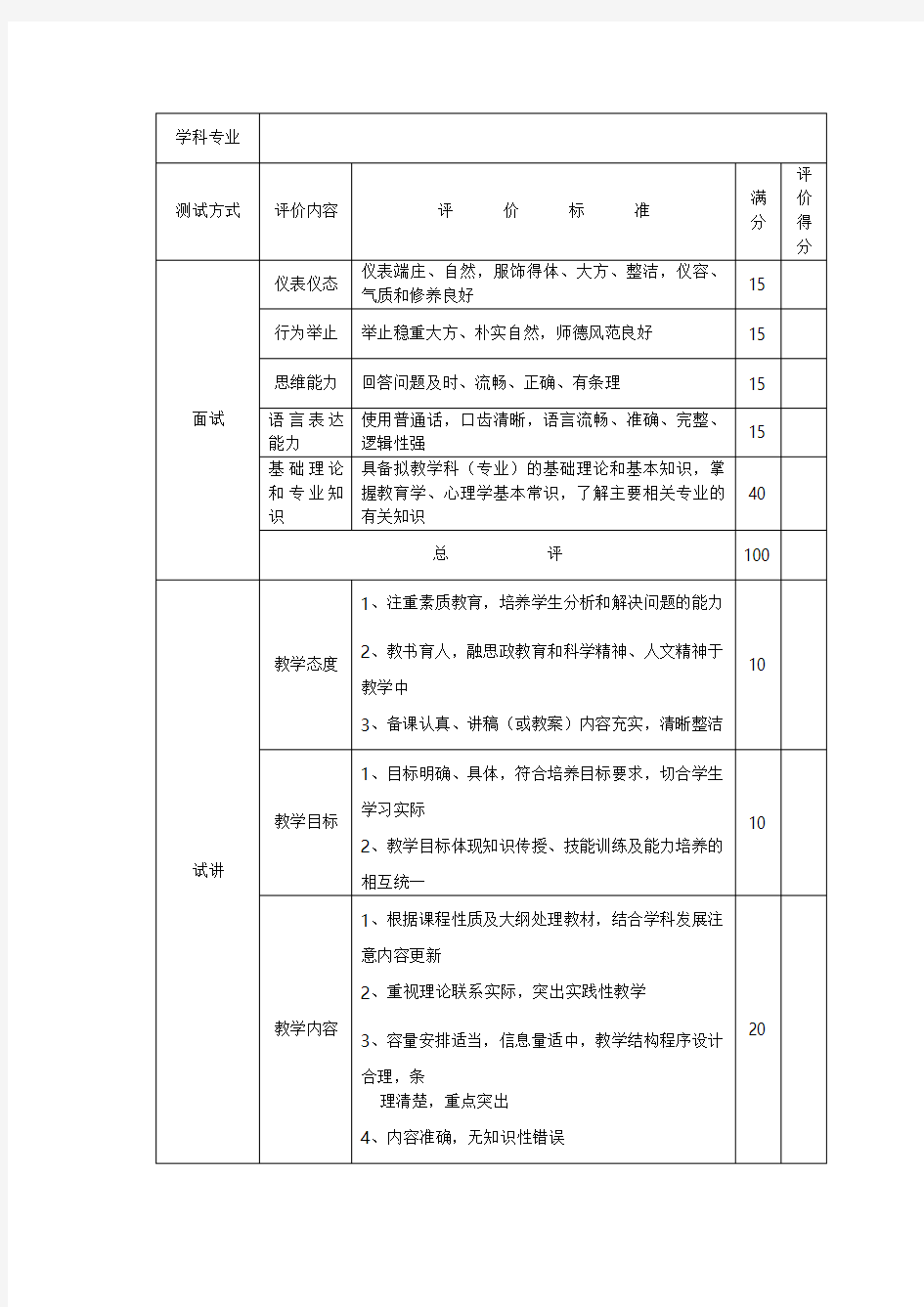 大学教师招聘试讲标准