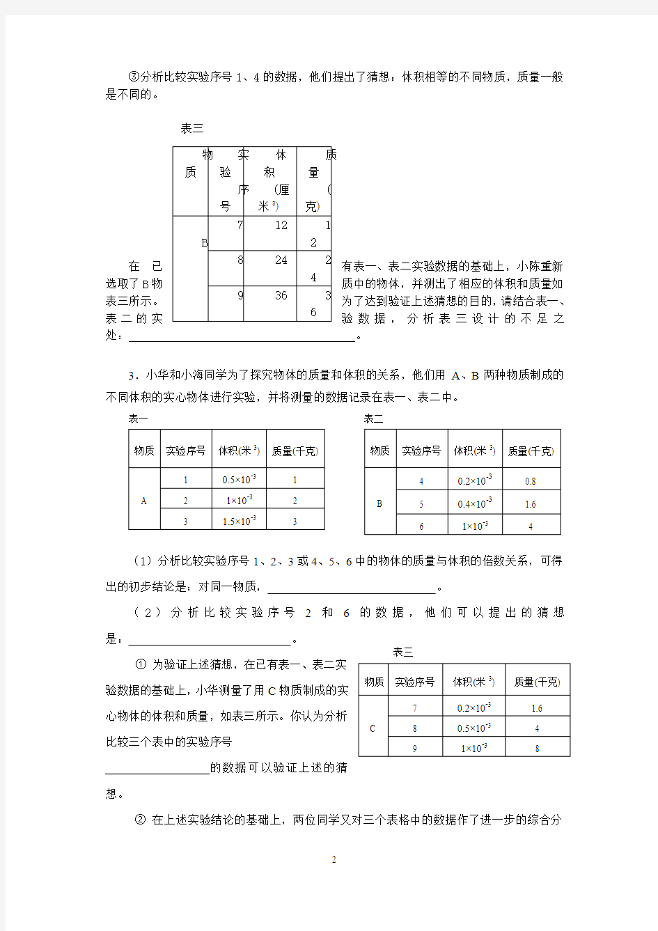 表格分析专题(提高部分) 2012上海初三物理一模二模题库