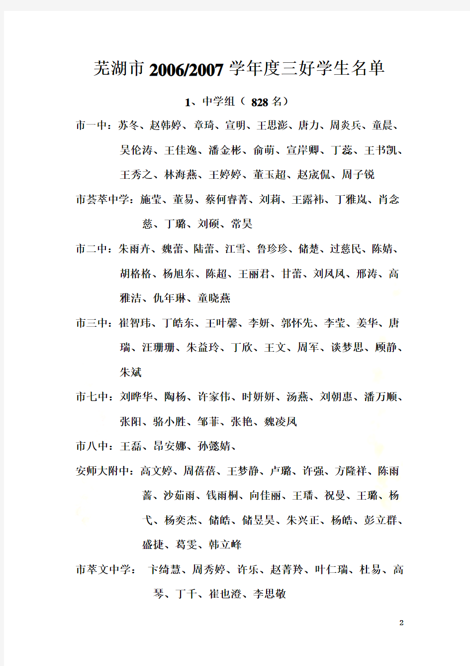 安徽省芜湖市2006-2007学年度三好学生名单