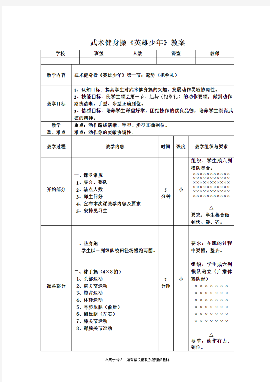 最新武术健身操《英雄少年》第一节教案