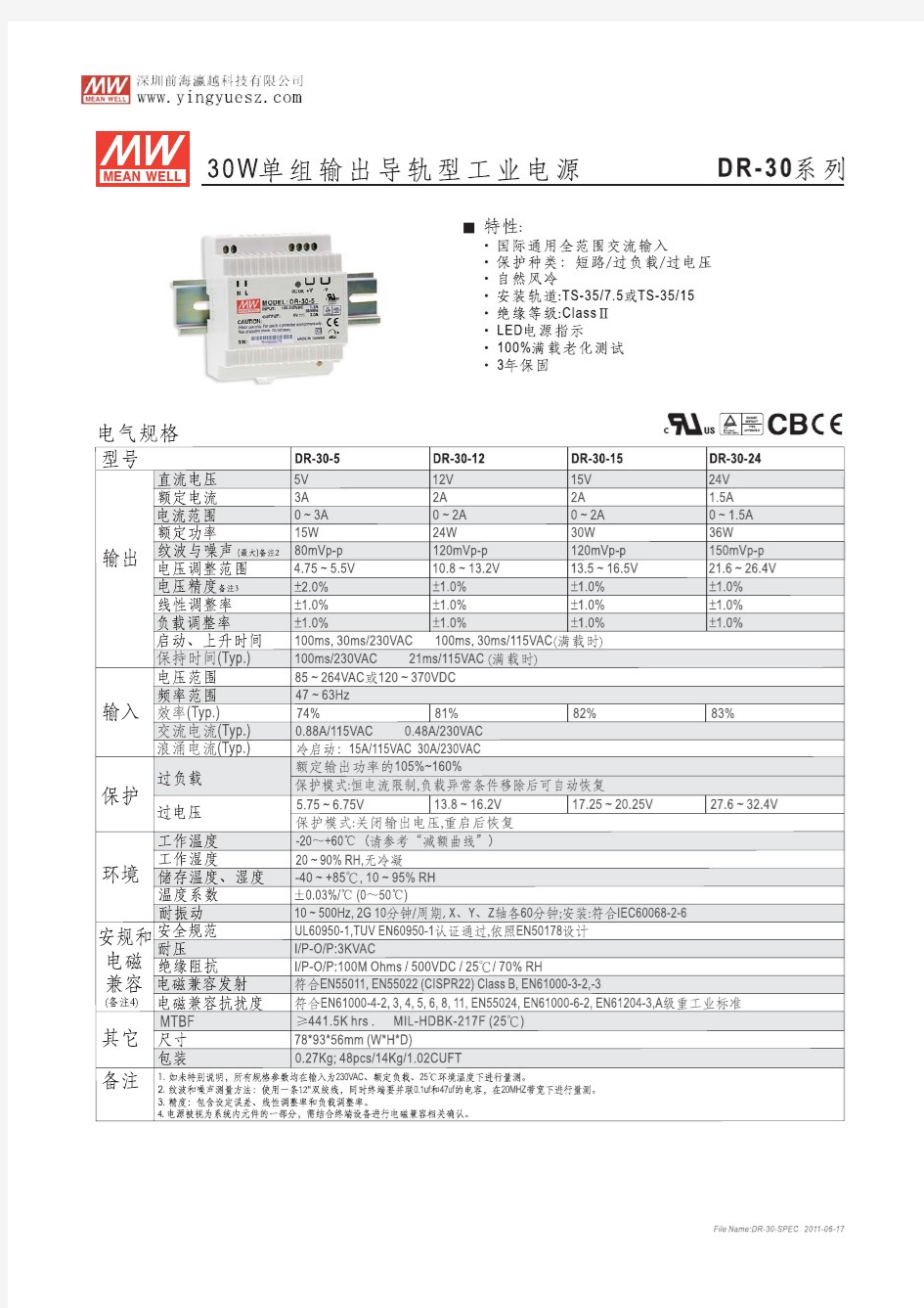 明纬30w导轨电源DR-30-24 5 12 15 规格书