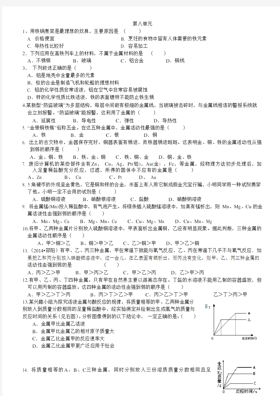 人教版初三化学下册练习题