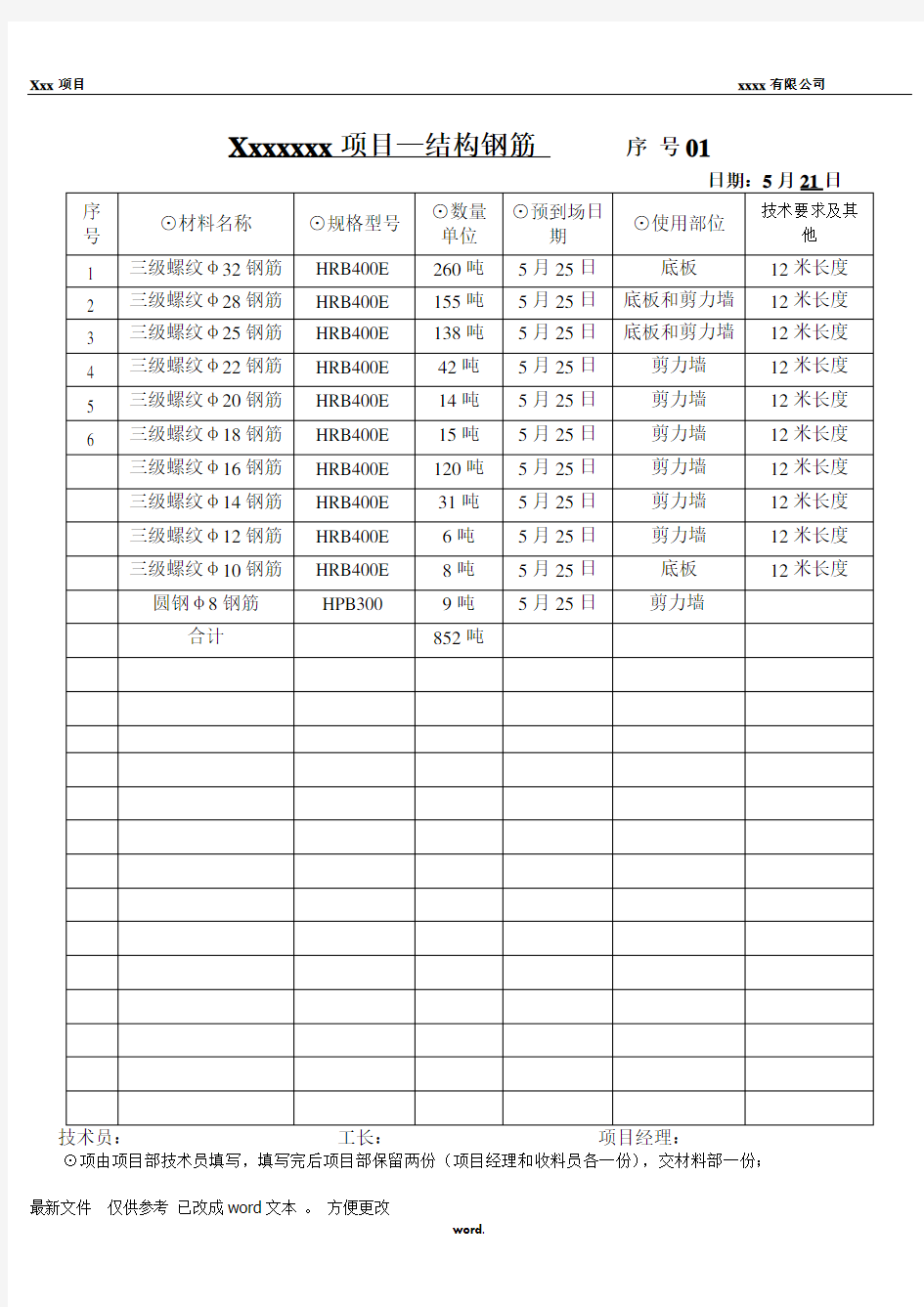 工程材料申购单 -钢筋采购[精.选]