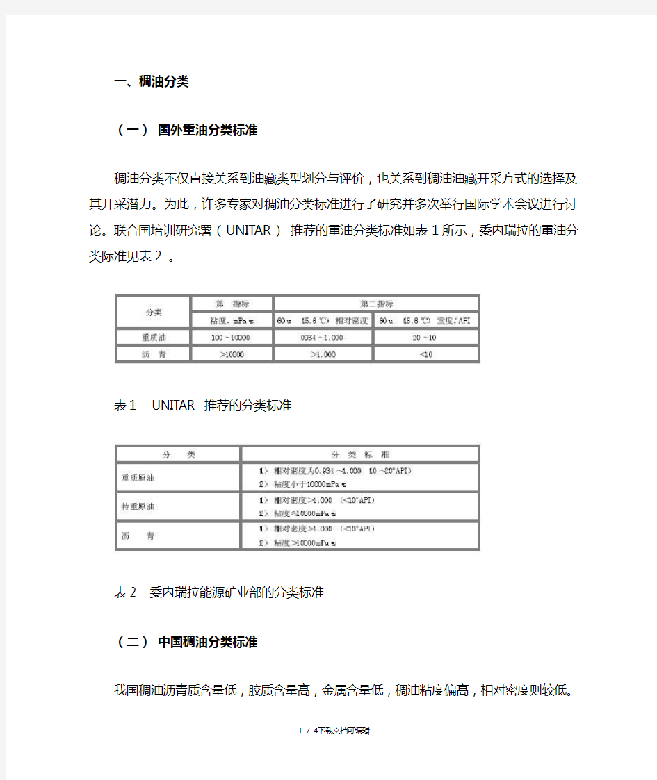 稠油分类标准