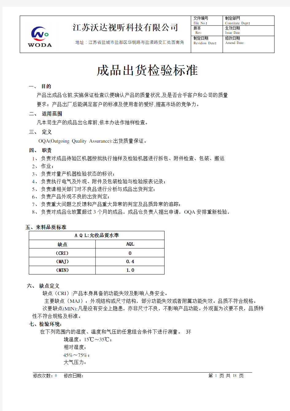 成品出货检验标准