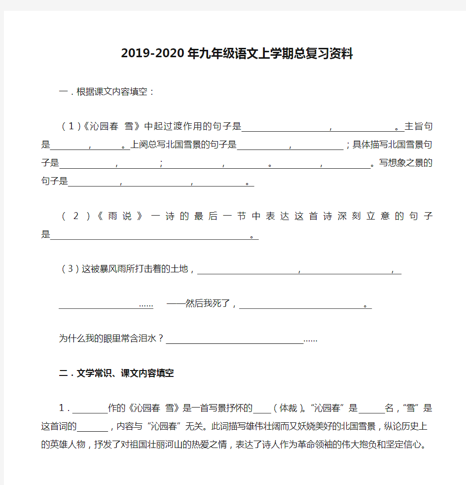 2019-2020年九年级语文上学期总复习资料