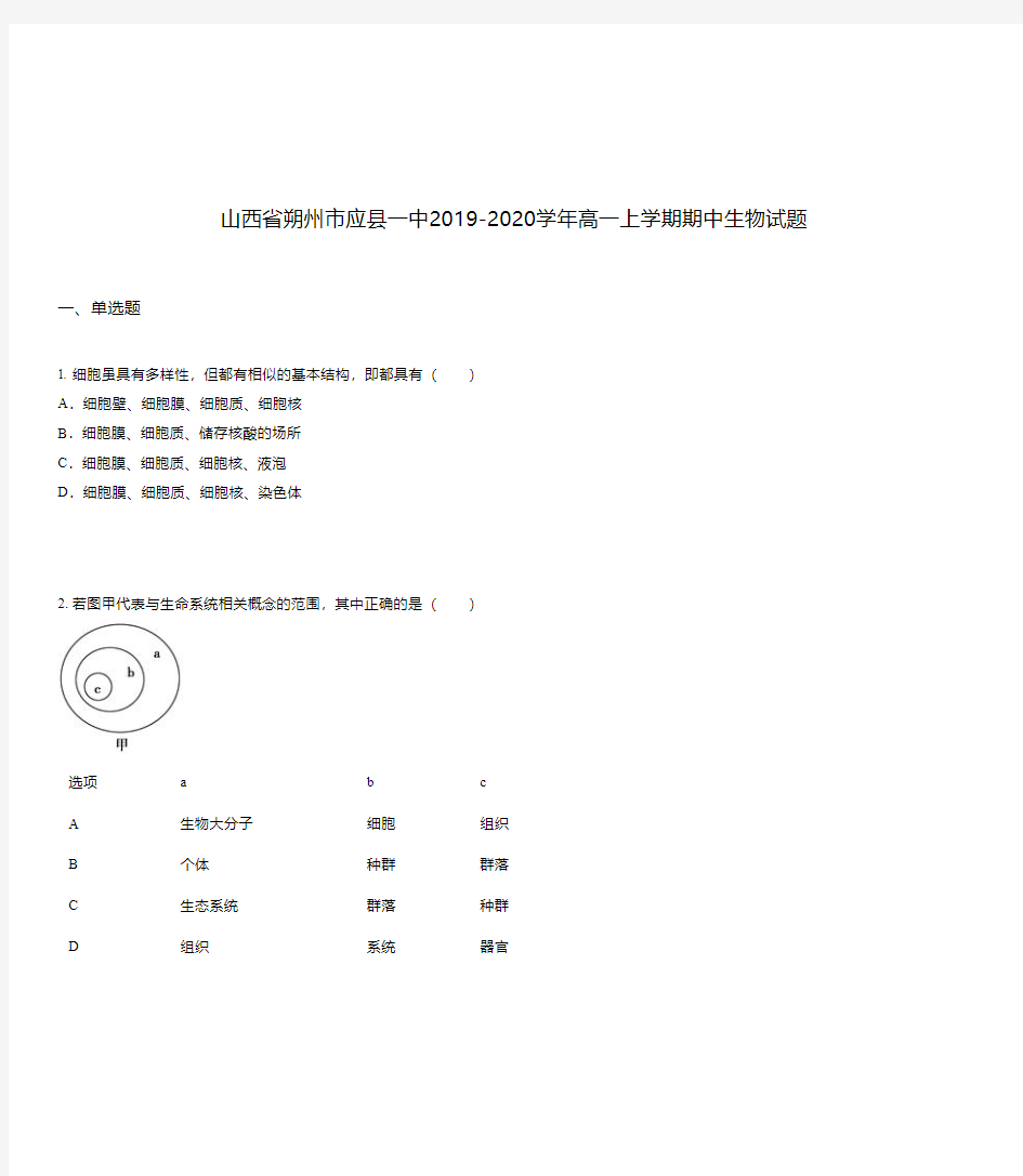 山西省朔州市应县一中2019-2020学年高一上学期期中生物试题