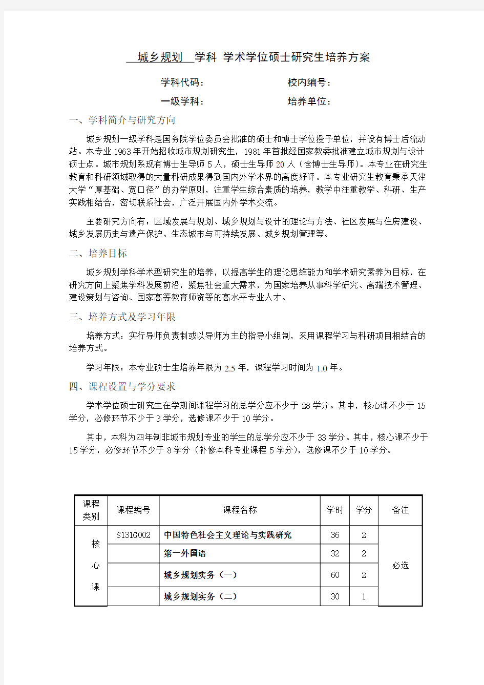 天津大学学术学位硕士研究生培养方案--城乡规划学