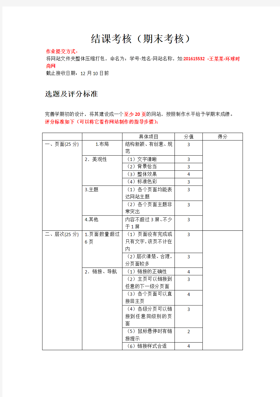 《网页设计》考核方法