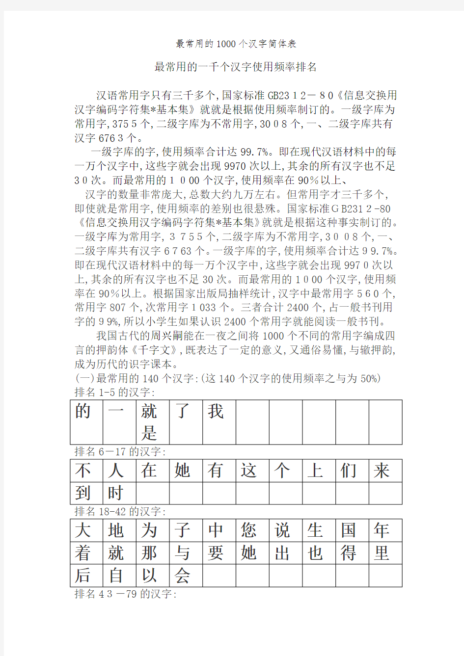 最常用的1000个汉字简体表