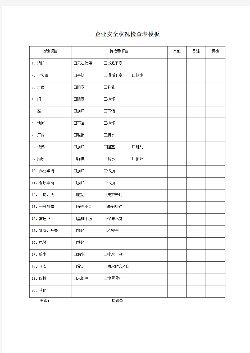 企业安全状况检查表模板