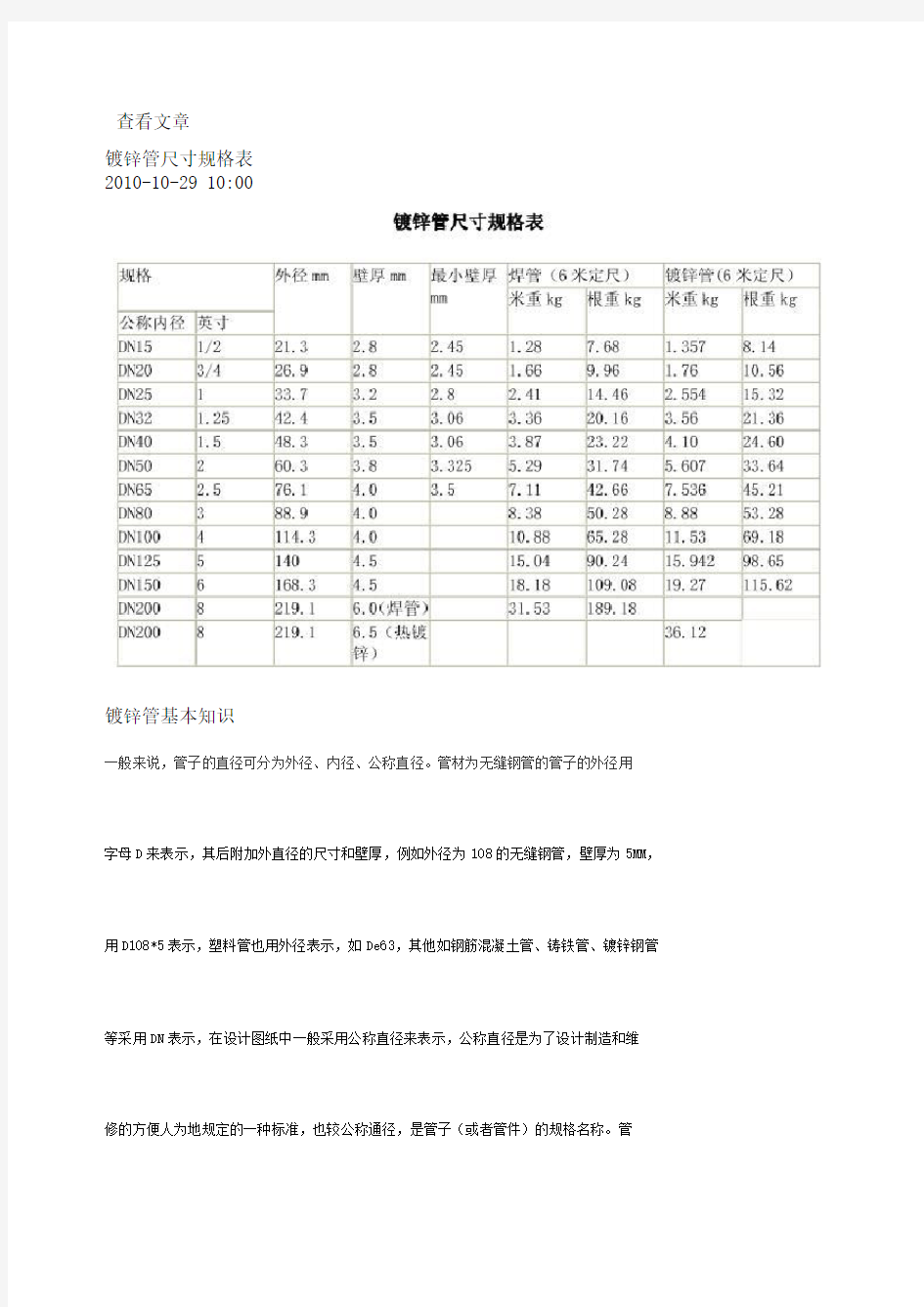 镀锌管标准尺寸表