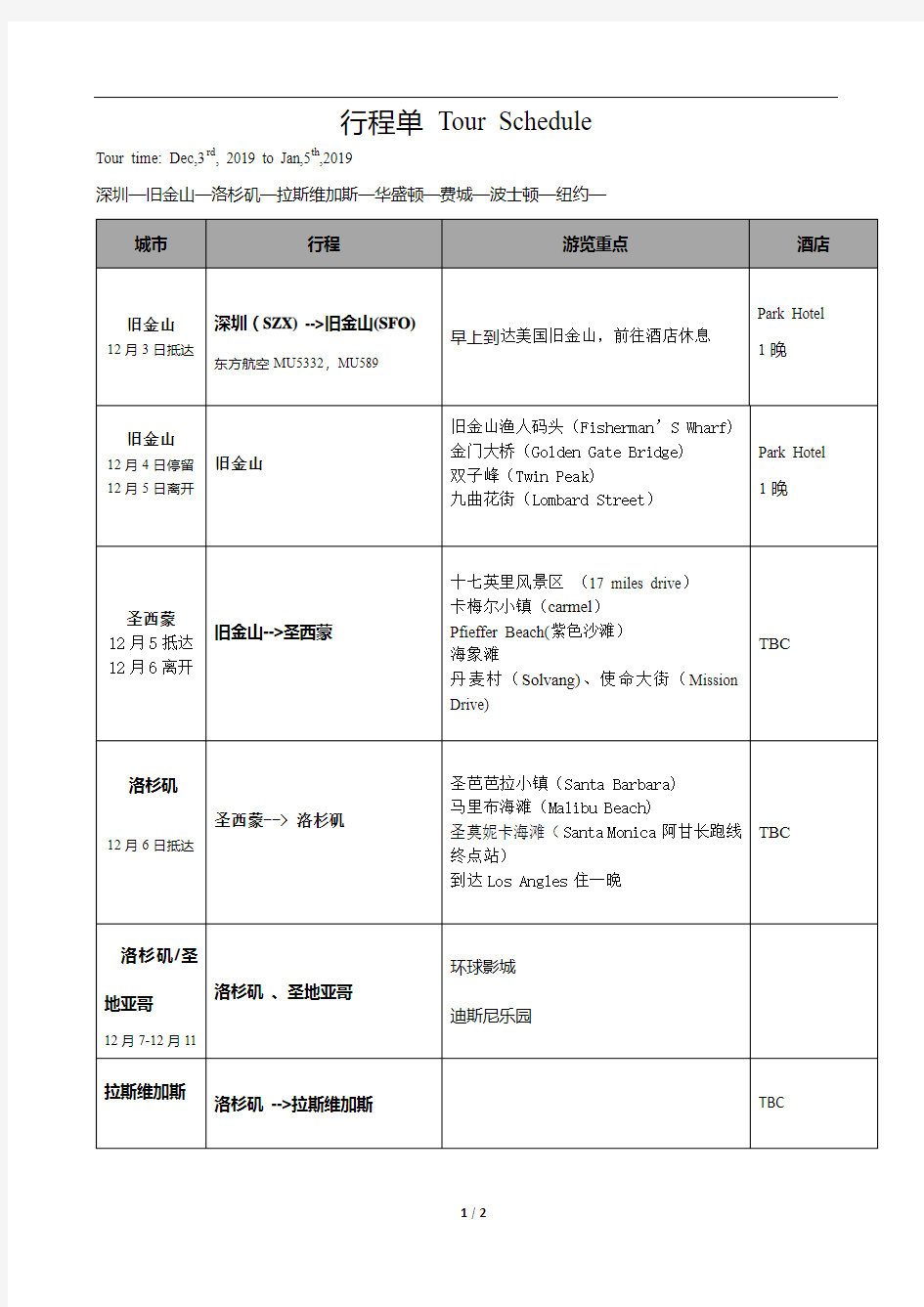 2019美国旅游行程单(中英文双语)