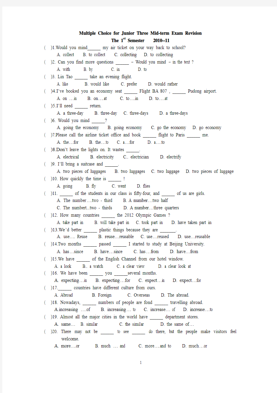 Multiple Choice for Junior Three Mid