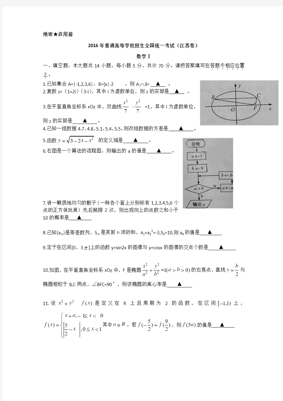 2016年高考江苏卷数学+文数试卷及答案