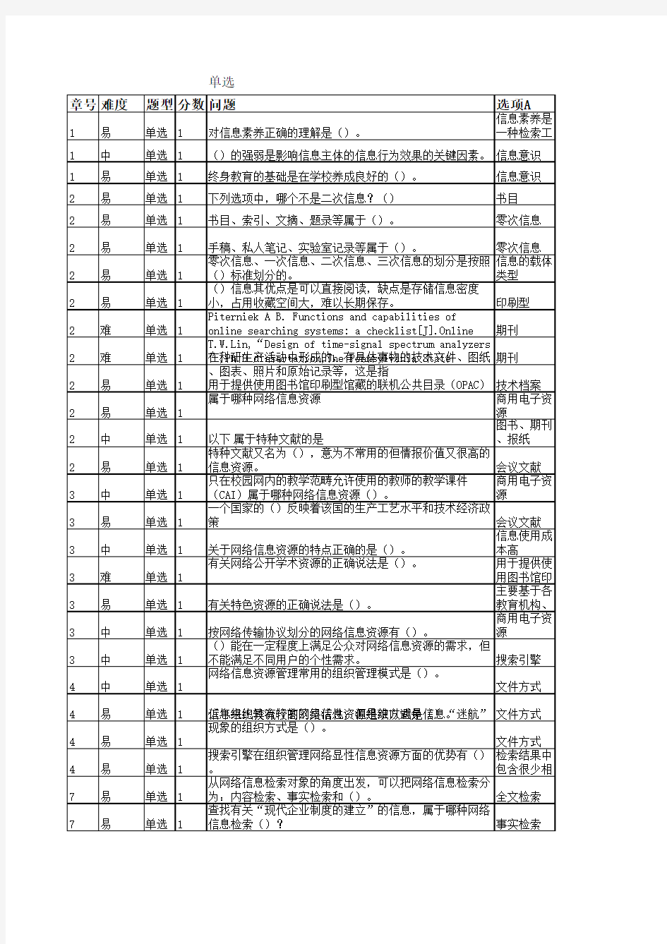 信息检索单项选择题