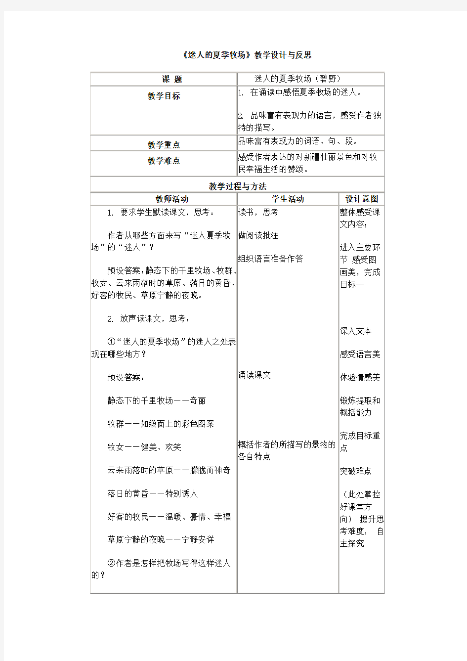 《迷人的夏季牧场》教学设计与反思