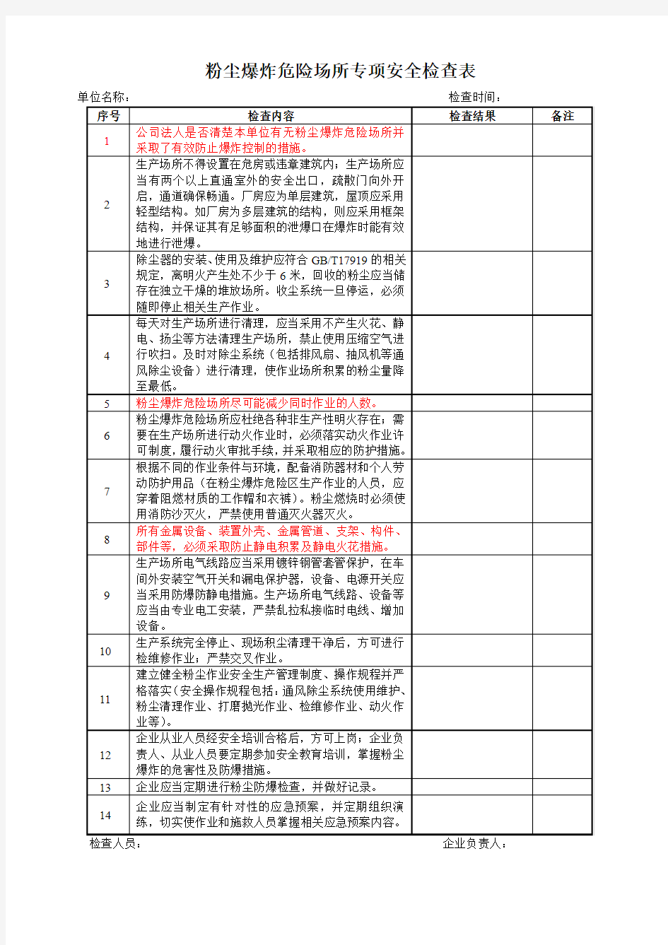 粉尘爆炸危险场所专项安全检查表