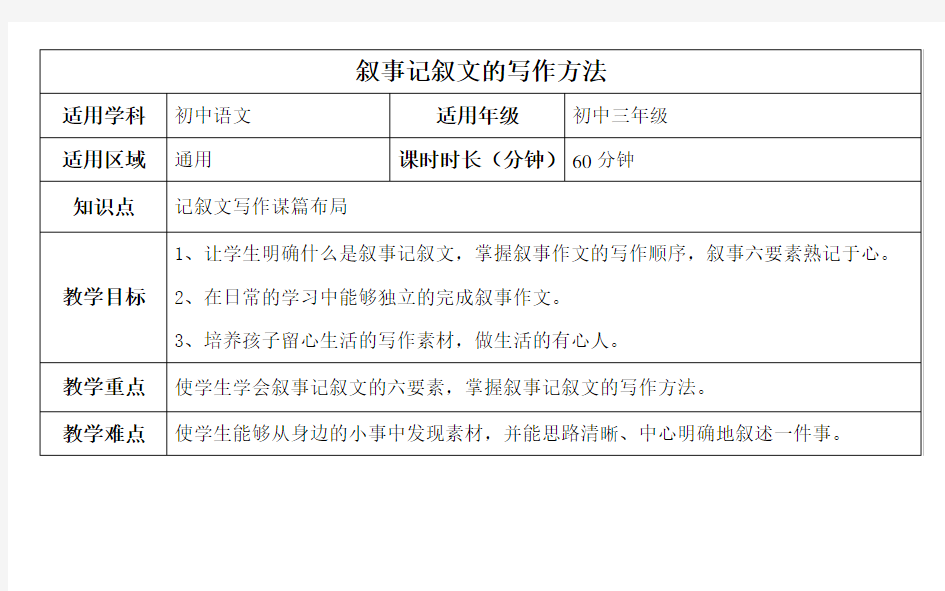 叙事记叙文的写作方法(教案)