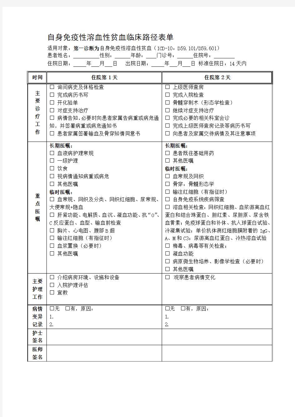 自身免疫性溶血性贫血临床路径表单