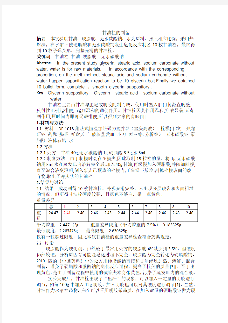 甘油栓的制备-实验报告