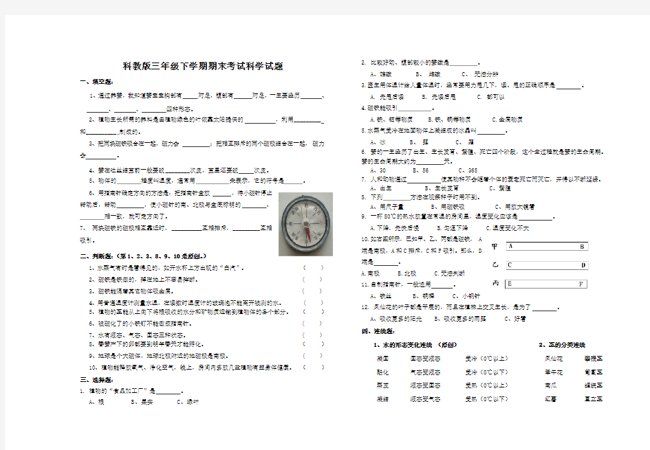 【科教版】三年级下册科学《期末考试题》(含答案)