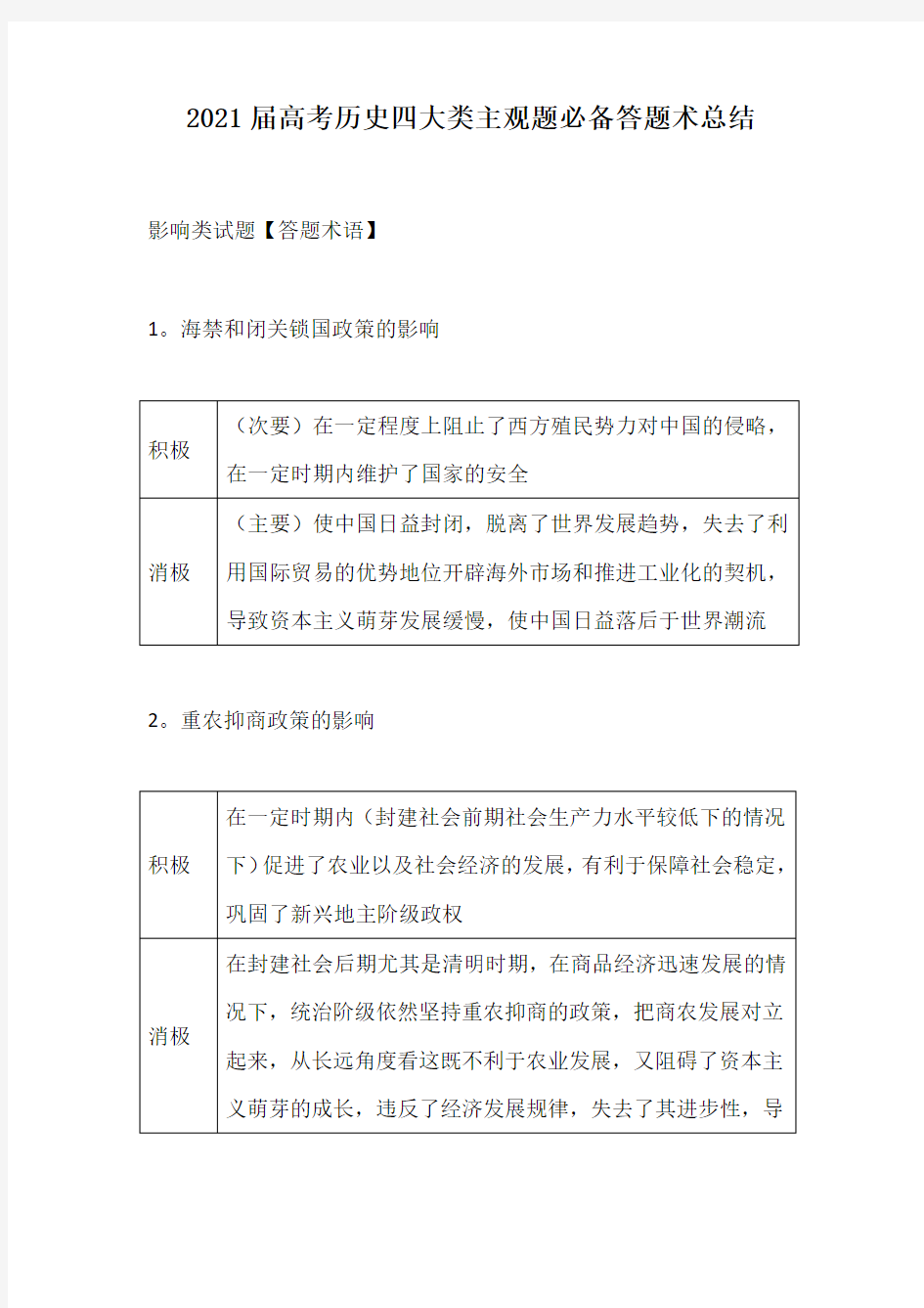 2021届高考历史四大类主观题必备答题术总结(精品)