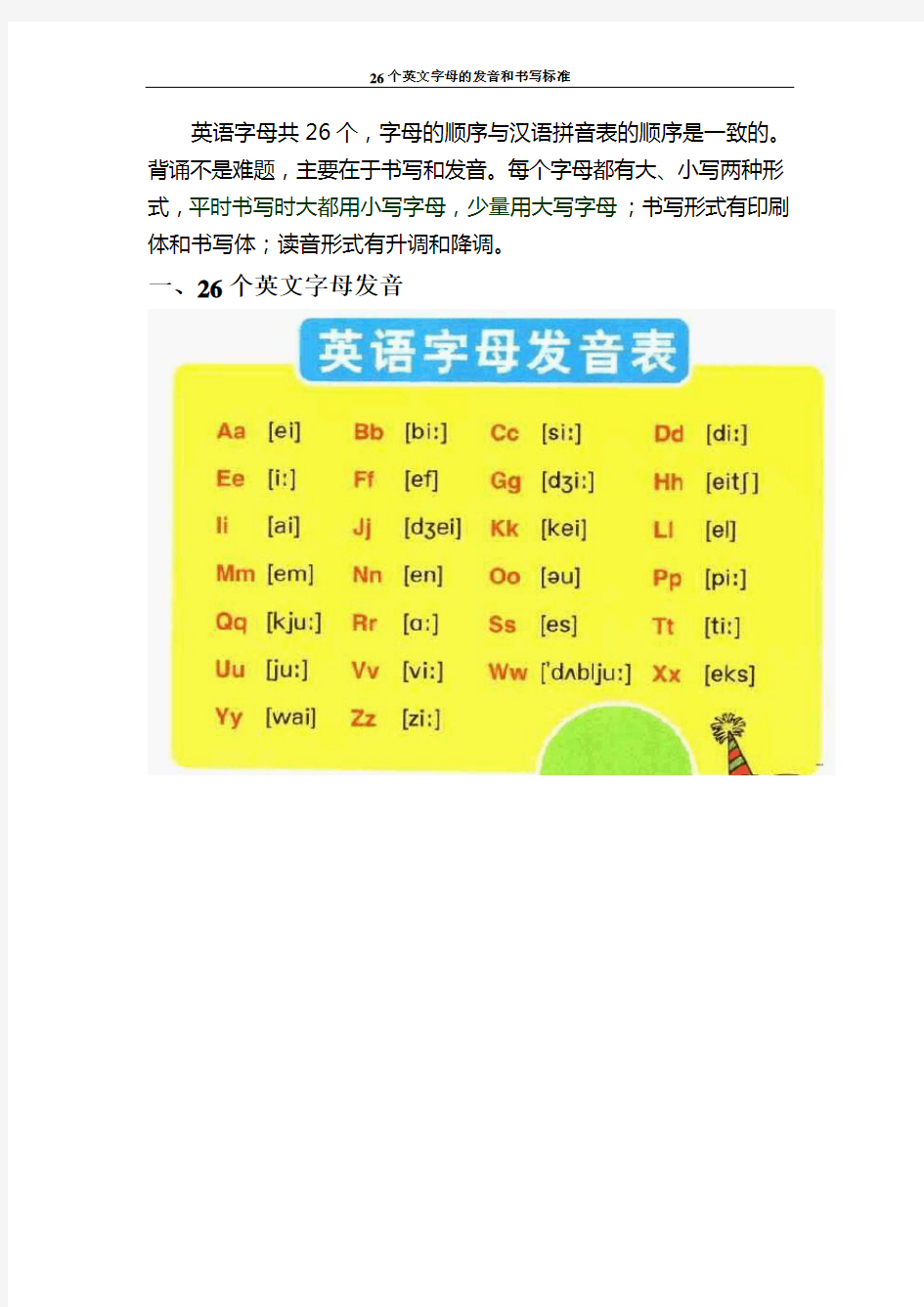 (完整word版)26个英文字母的发音和书写标准