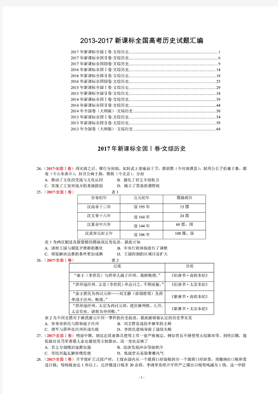 5年全国高考历史试题汇编