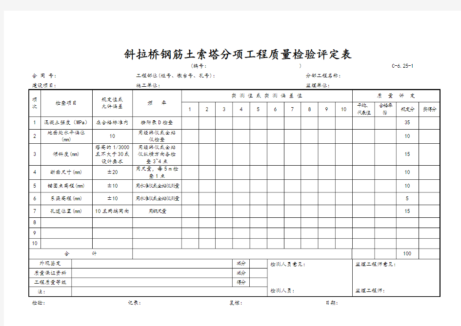 斜拉桥钢筋混凝土索塔评定表