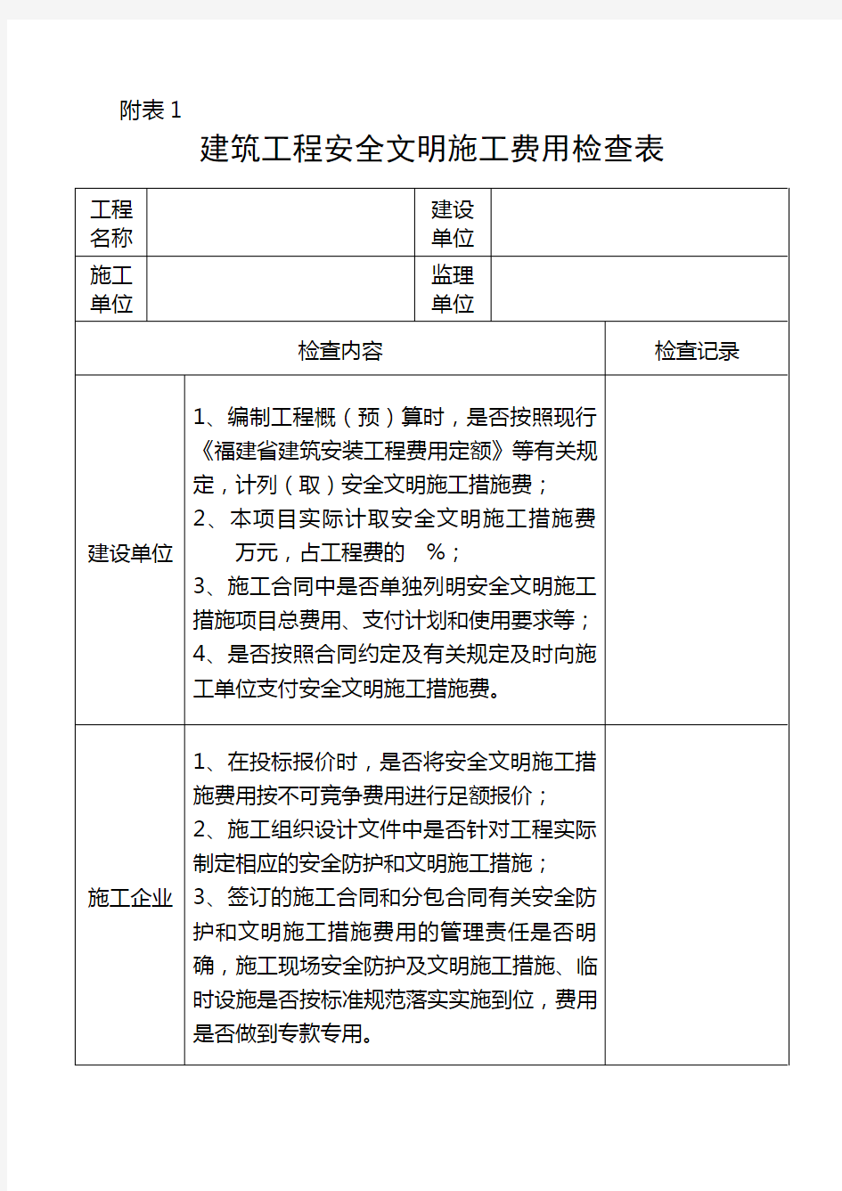 建筑工程安全文明施工费用检查表