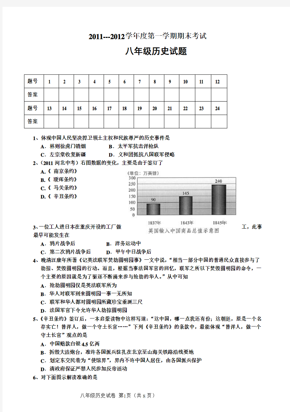 人教版历史八年级上册试题(含答案)