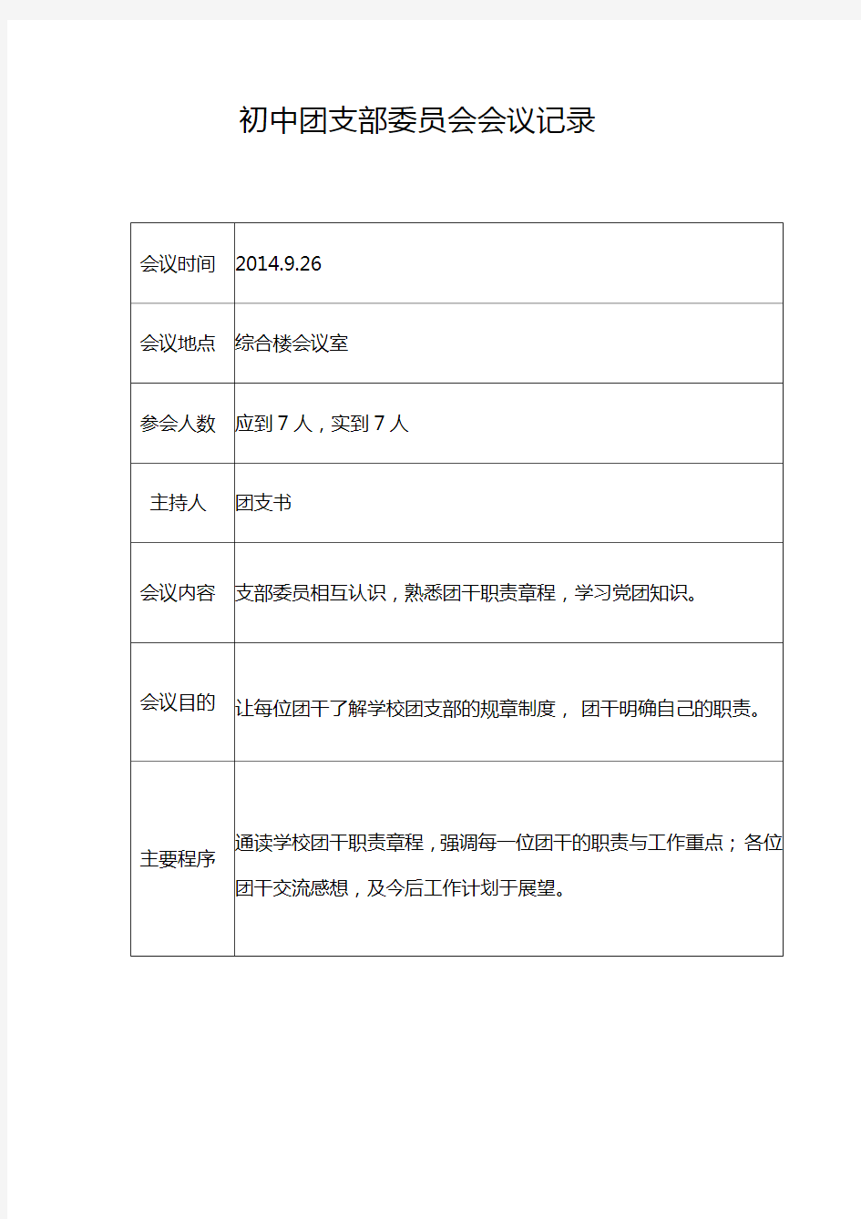 初中团支部委员会会议记录