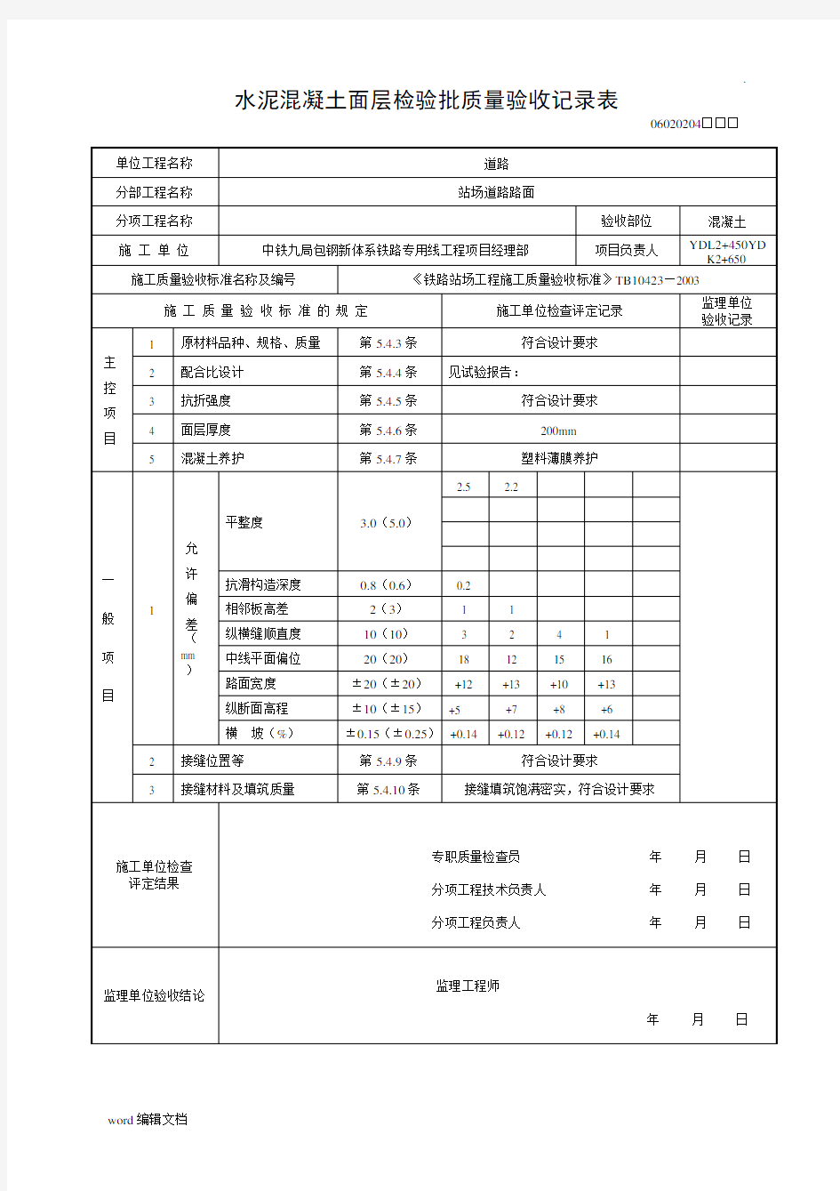 水泥混凝土路面检验批