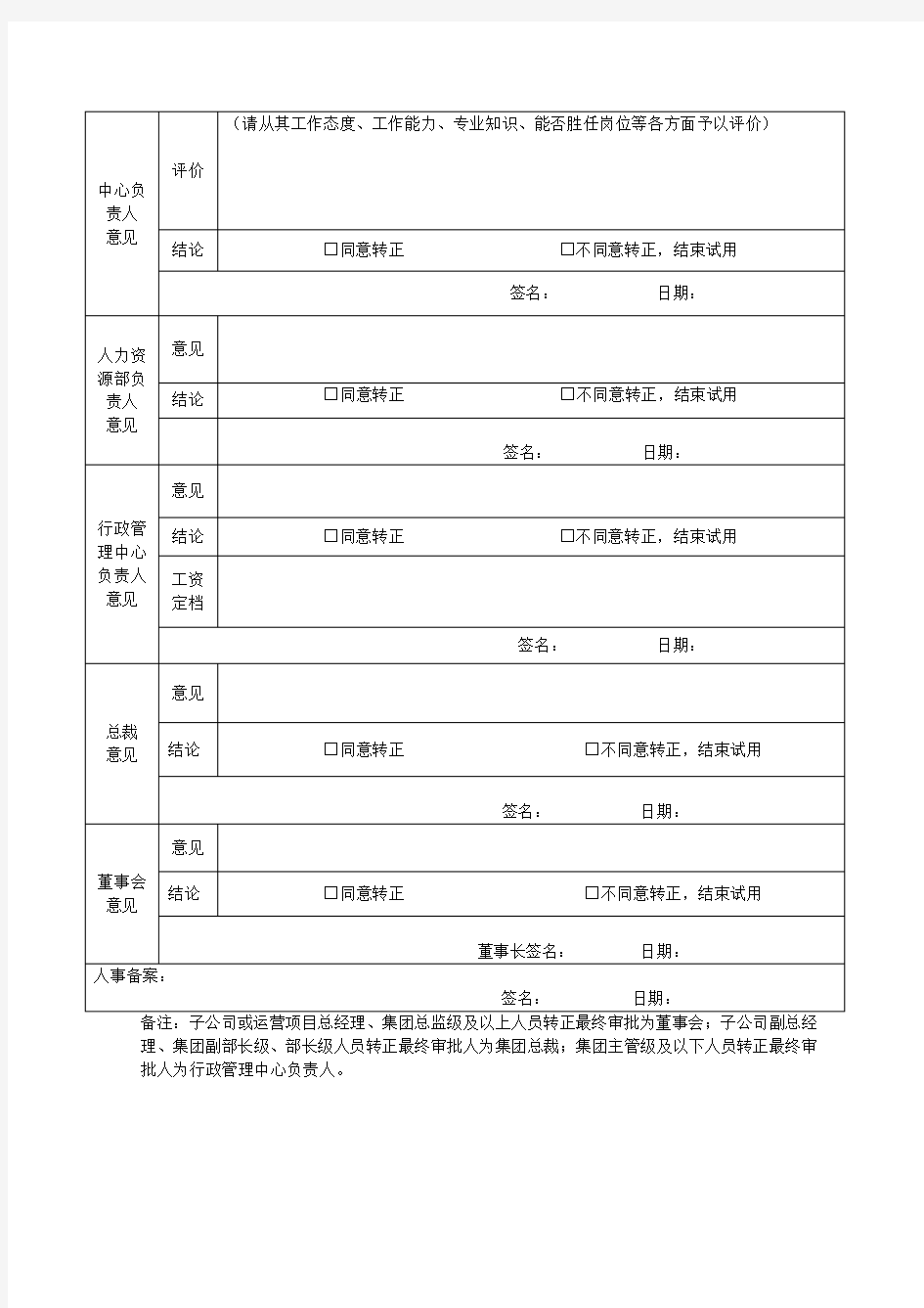 员工转正审批表