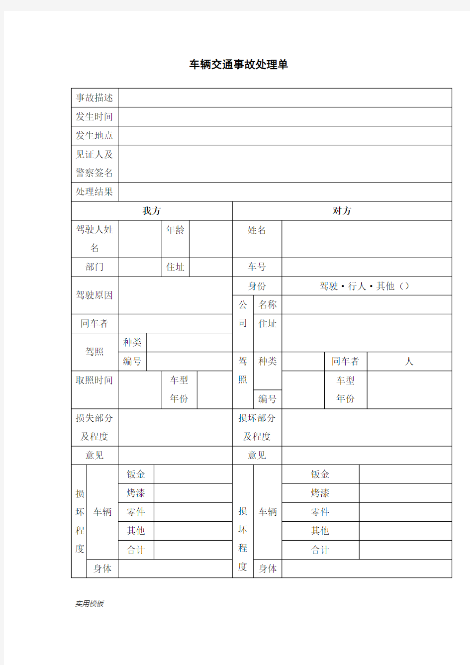 车辆交通事故处理单【模板】