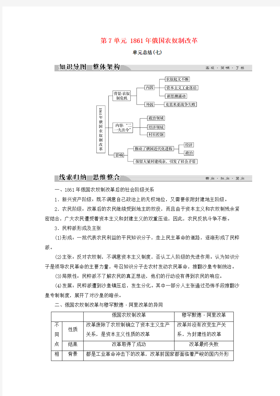 高中历史1861年俄国农奴制改革单元总结学案新人教版