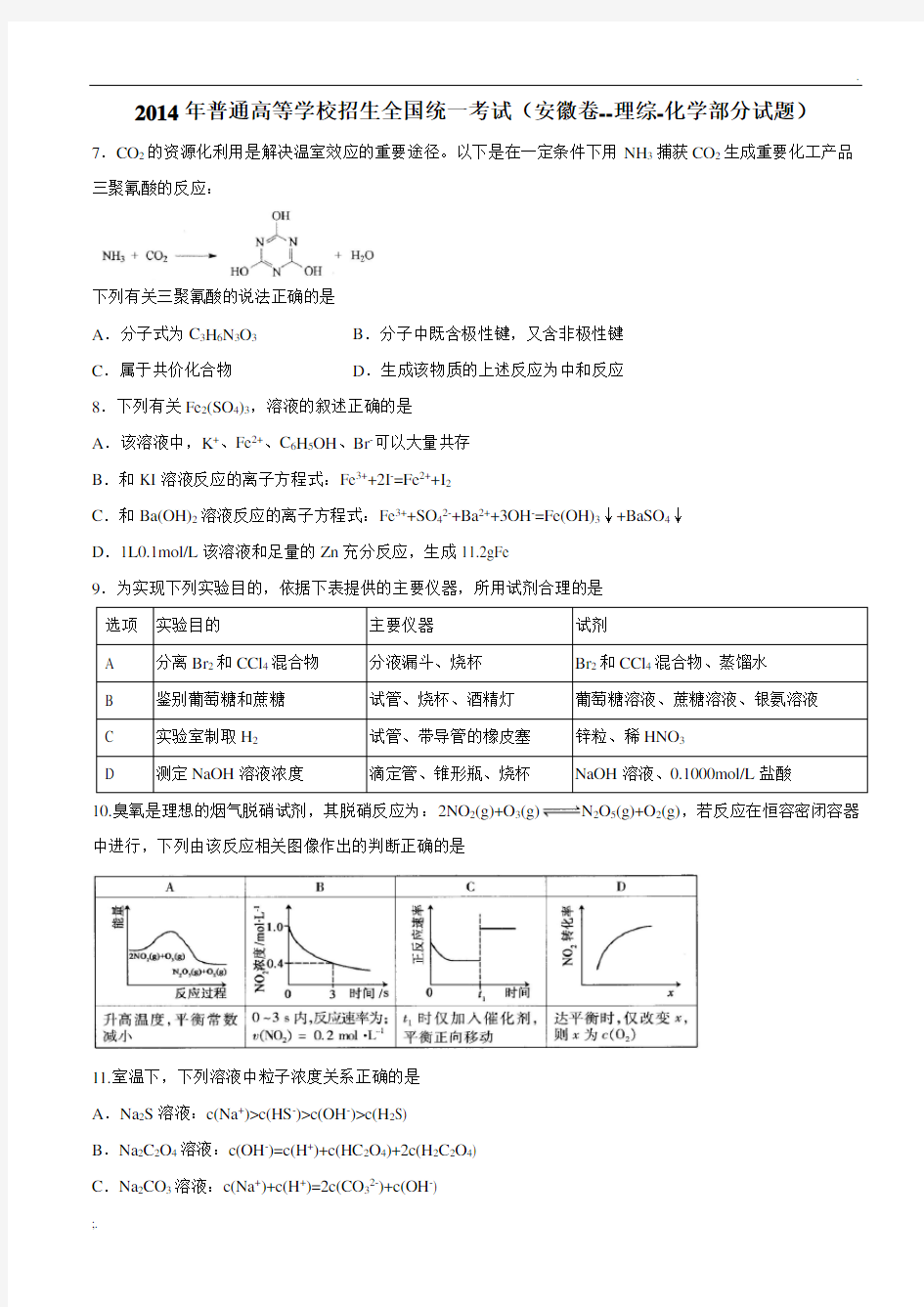 2014年全国统一高考试题(安徽卷-理综)