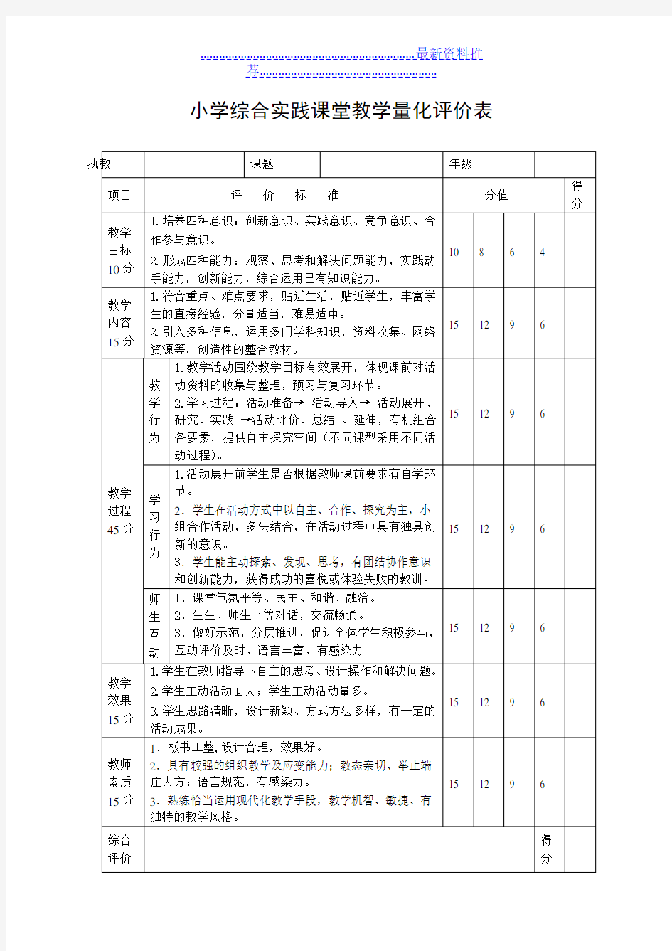 小学综合实践课堂教学量化评价表