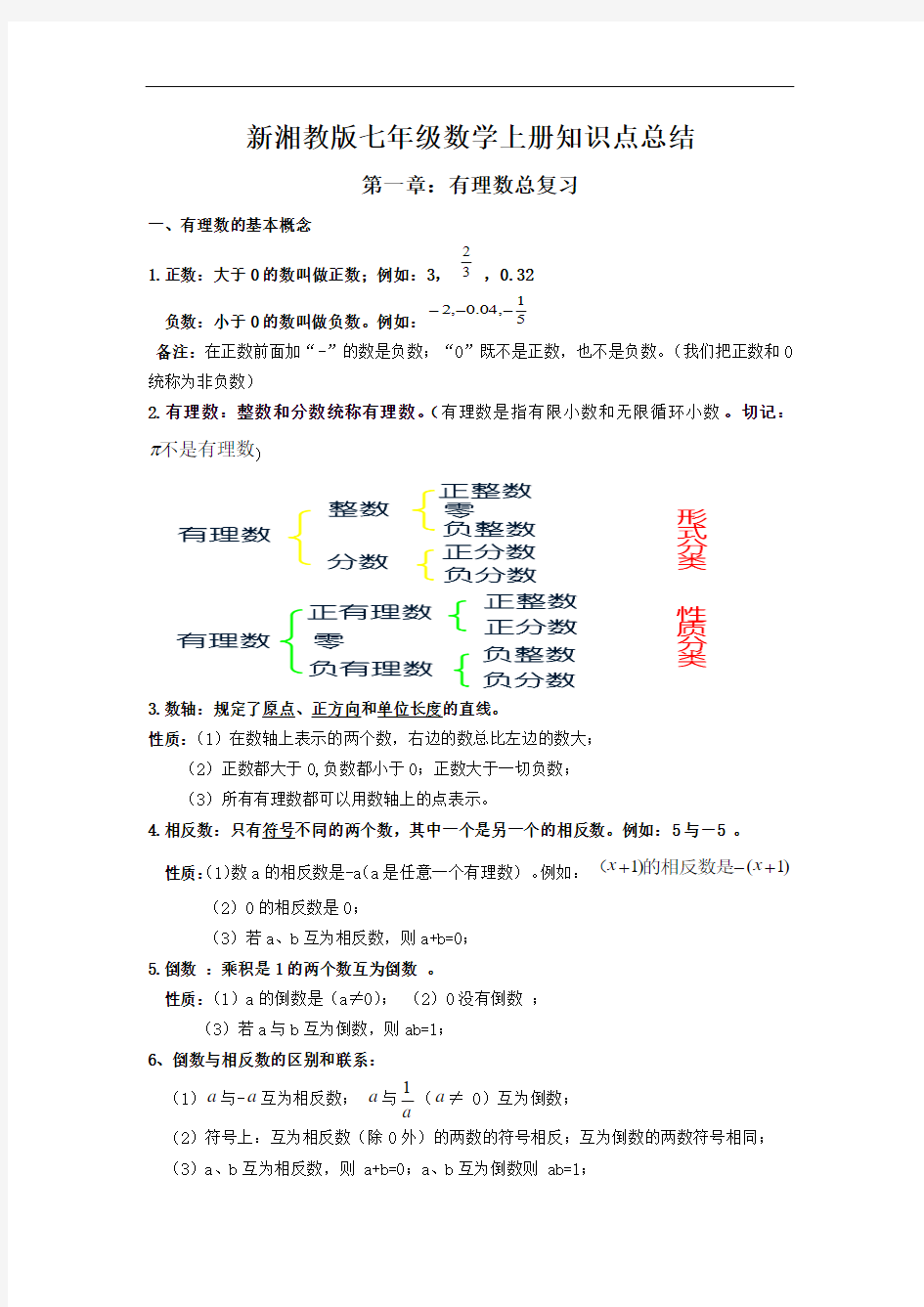 新湘教版七年级数学上知识点总结