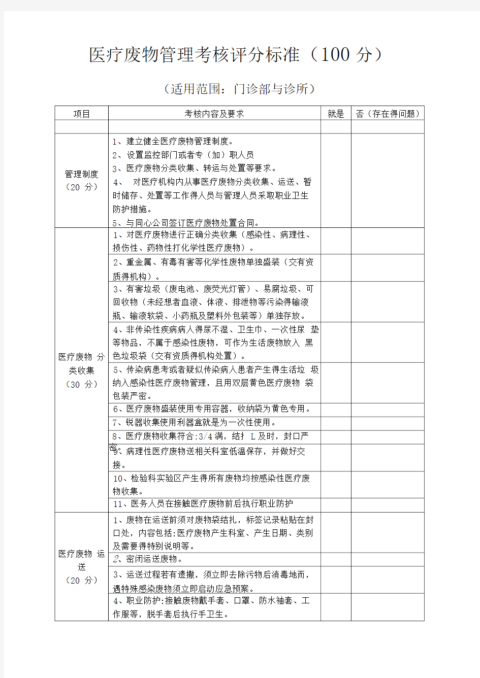 医疗废物管理考核评分标准