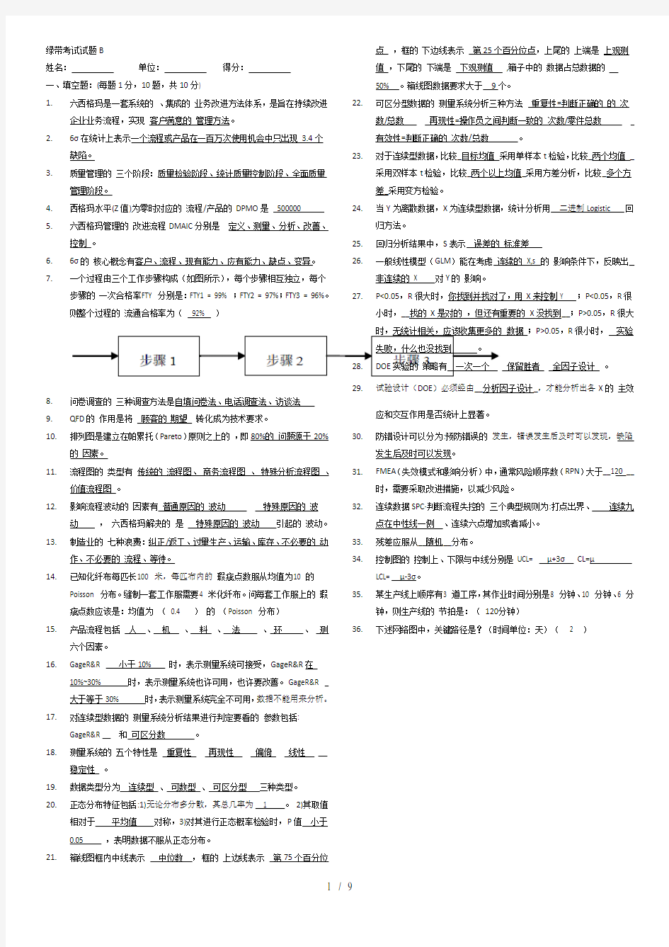 六西格玛绿带试题及标准答案