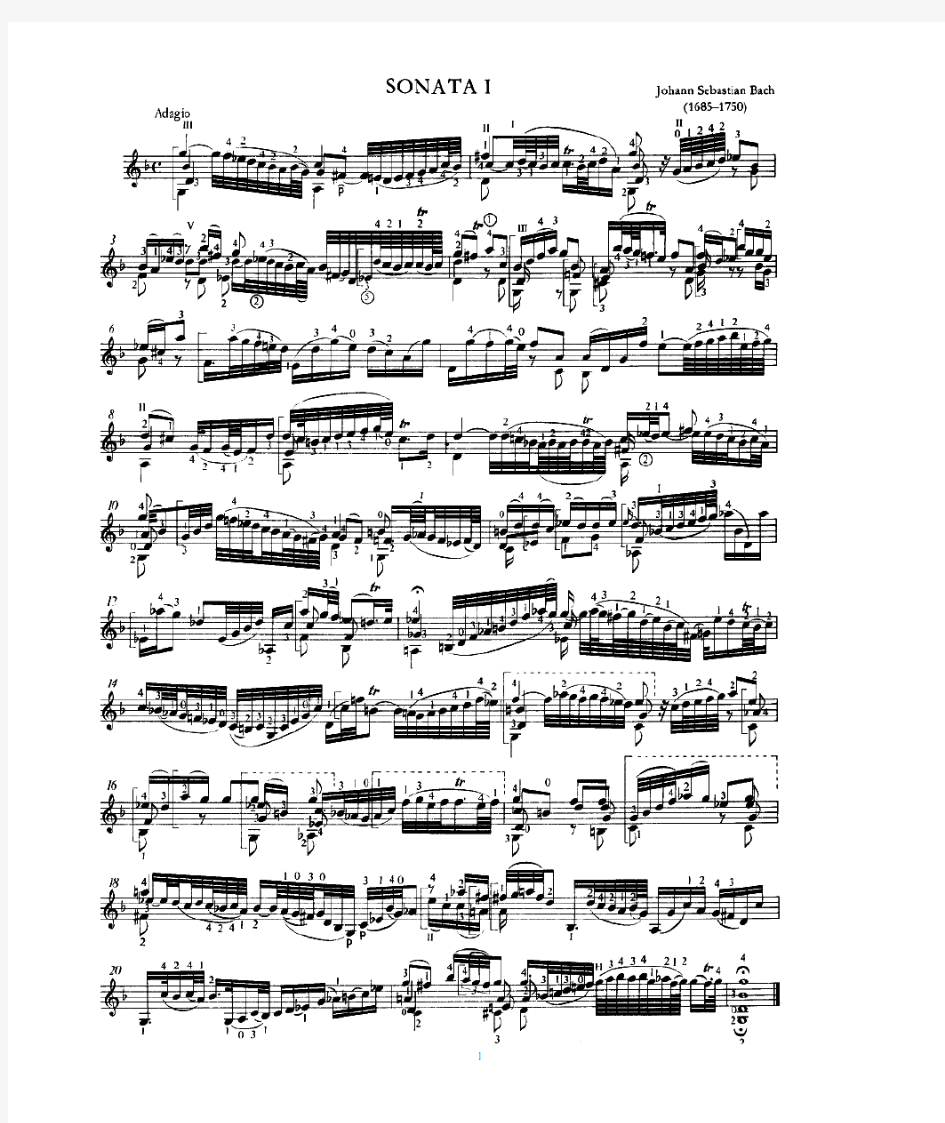 巴赫作品《柔板》Adagio,BWV 1001;J. S. Bach古典吉他谱
