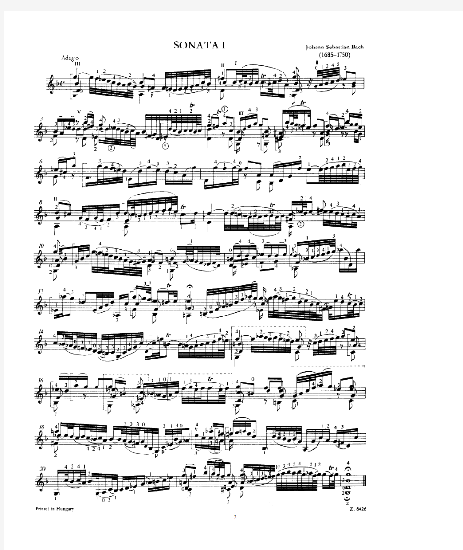 巴赫作品《柔板》Adagio,BWV 1001;J. S. Bach古典吉他谱
