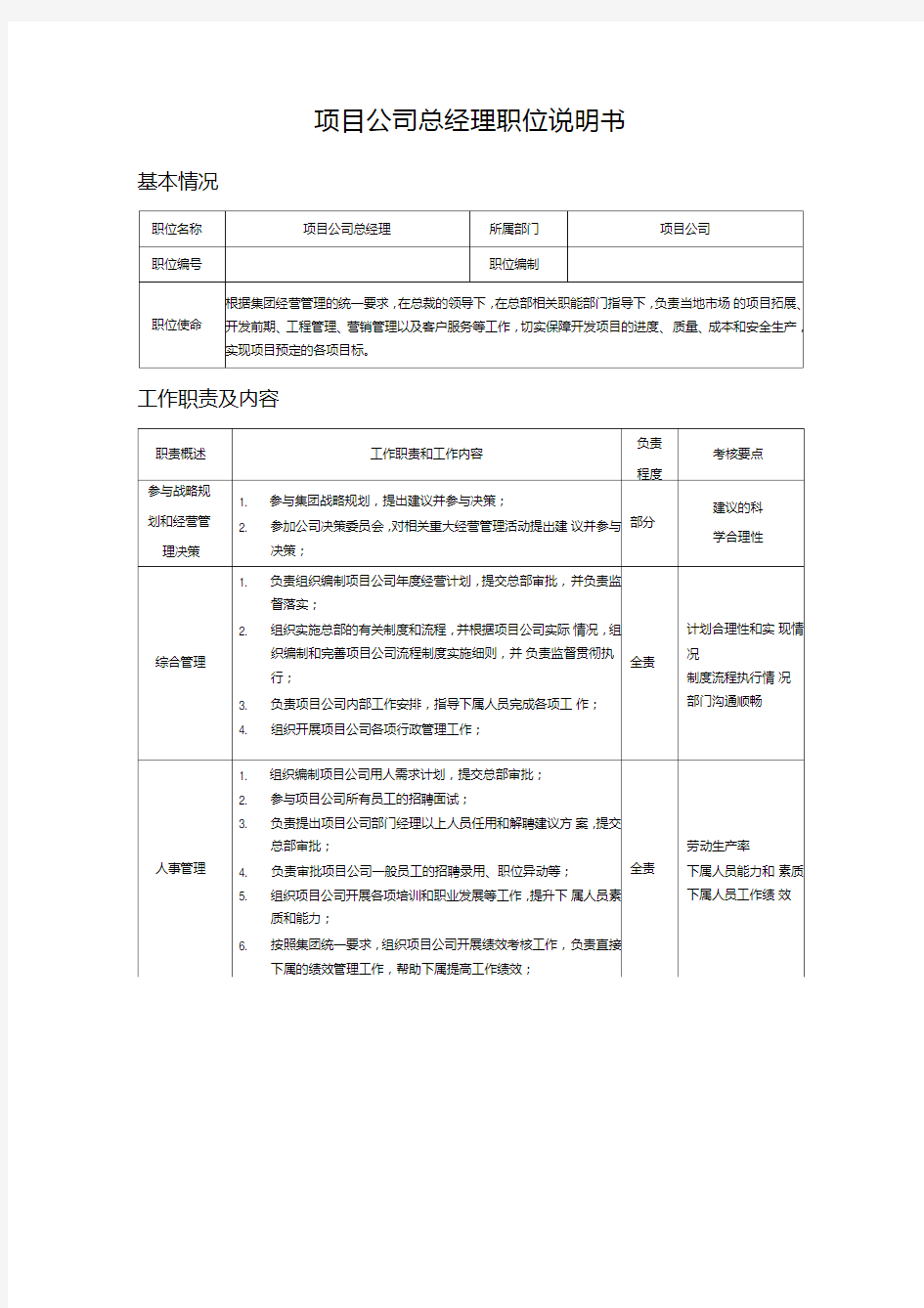 项目公司总经理职位说明书