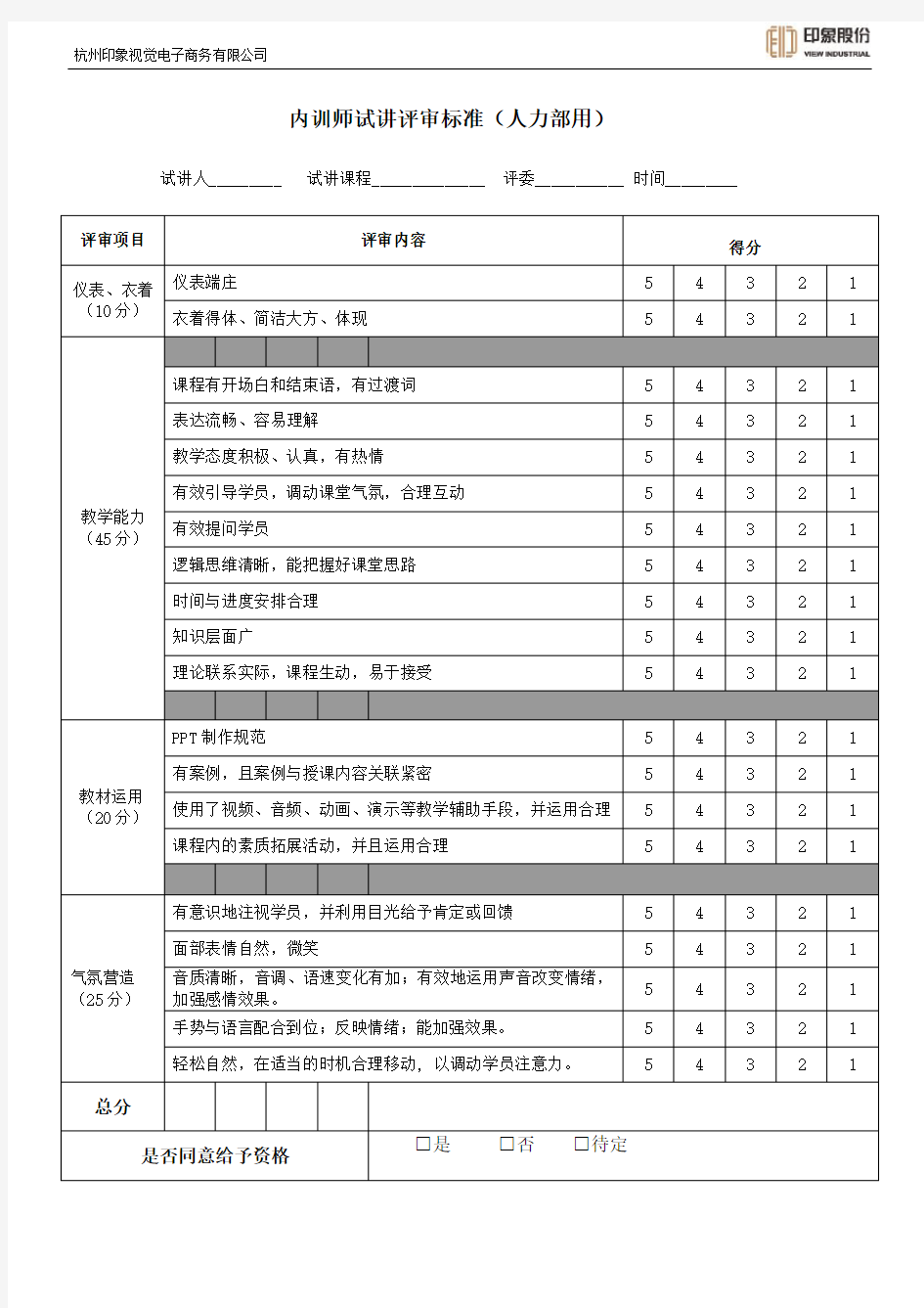 内训师试讲评审标准(人力部用)