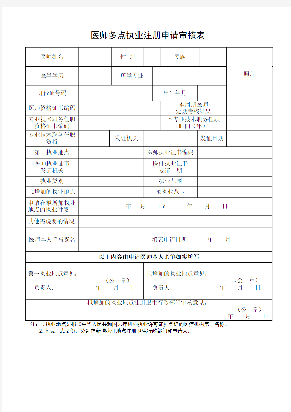 医师多点执业申请表