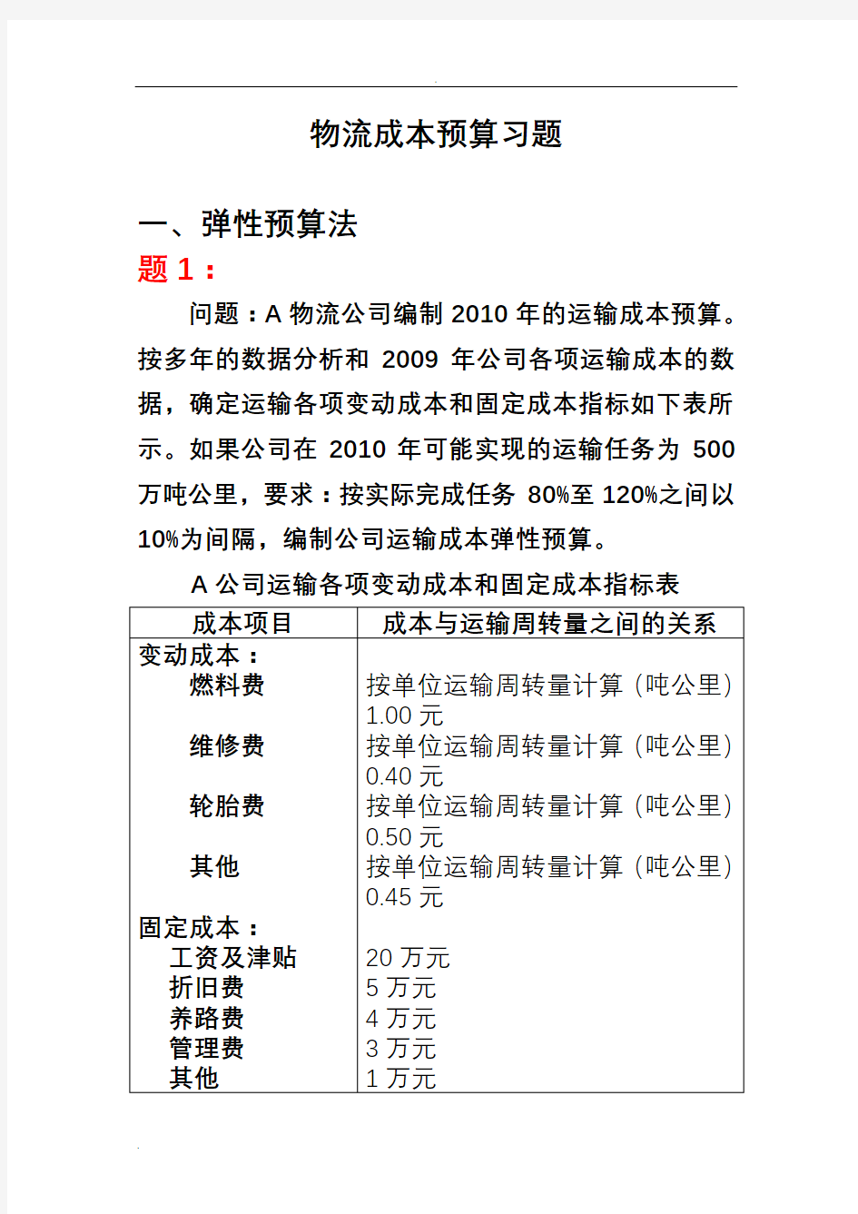 物流成本预算及保本点分析例题