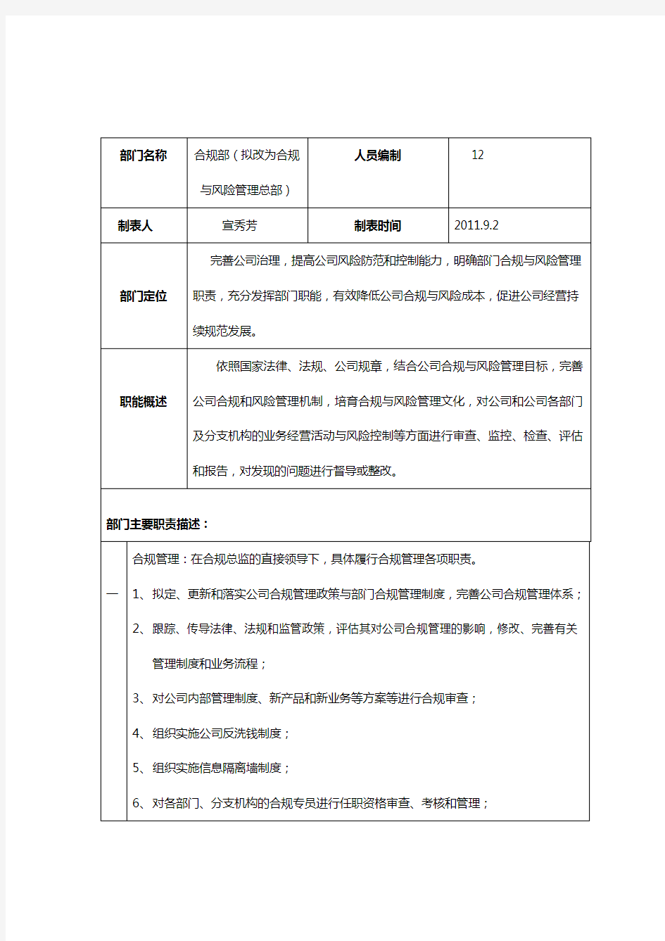 XX证券公司合规部部门职能说明书